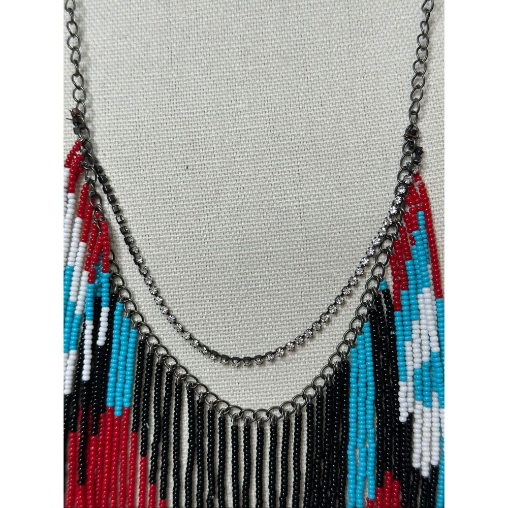Handmade Beaded Statement Necklace Tribal Boho Fringe Bib Southwest Festival - Picture 7 of 10